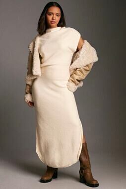 Daily Practice Ivory Mock Neck Sleeveless Ribbed Knit Midi Sweater Dress M NWT